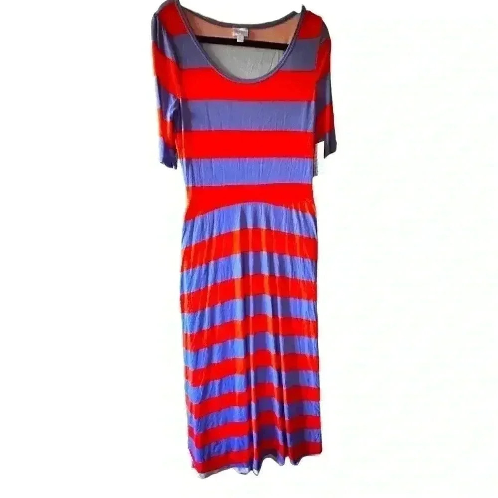 Lularoe Large Ana wide stripe varsity stripe maxi dress.Orange & denim blue.NWT